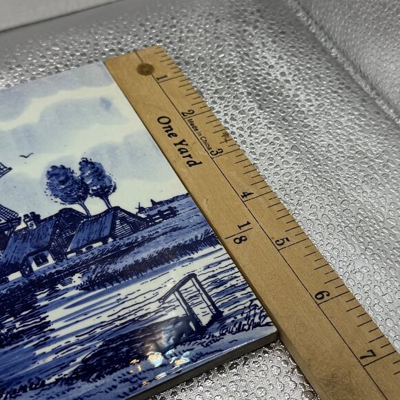 Delft Tile Blue & White Windmill Scene Ceramic Hand Painted Signed 6"x6" VTG - Picture 6 of 9